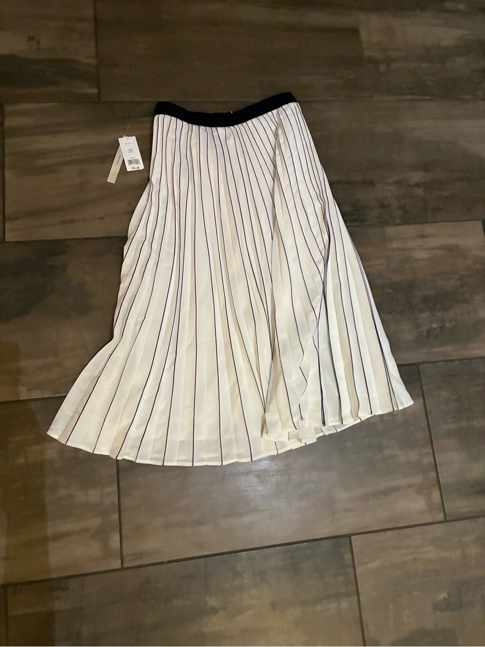 Banana Republic Cream Pleated Midi Skirt with Black Waistband and Navy Stripes